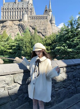 张爆爆 白色夹棉毛呢外套慵懒风外套女中长款娃娃领小个子呢大衣