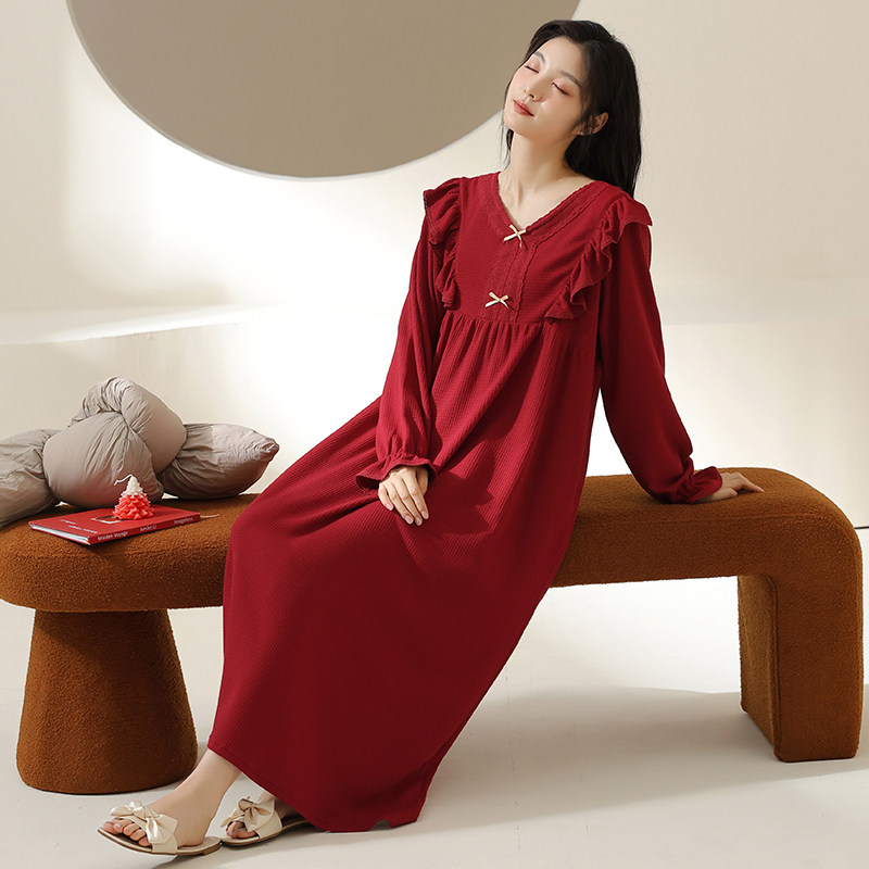 帕兰朵2025春秋季本命年蛇年女士纯棉睡衣红色睡裙长款奢华连衣裙
