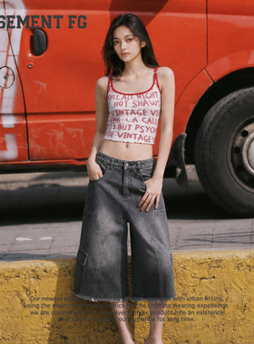 BASEMENTFG牛仔风高腰七分裤女宽松直筒阔腿裤267320051001