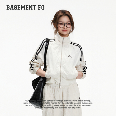 BASEMENTFG美式复古运动风拉链短外套条纹夹克上衣262080001005