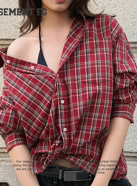 BASEMENTFG复古红色格子衬衫女宽松显瘦百搭长袖上衣262070065037
