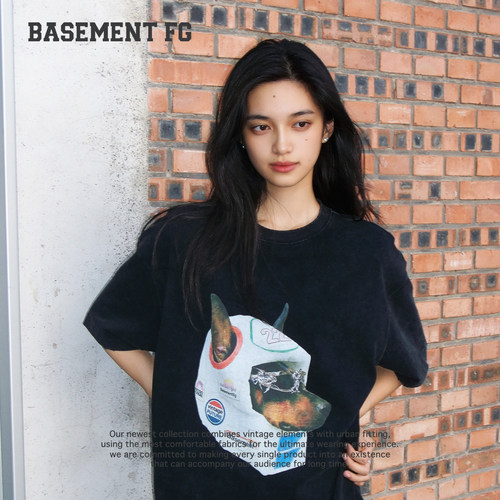 BASEMENTFG街头休闲风狗印花短袖T恤女宽松黑色纯棉261020488001