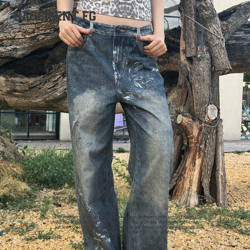 BASEMENTFG美式涂鸦风直筒牛仔裤高街宽松做旧长裤267330103284