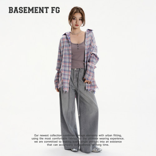 BASEMENTFG美式复古蓝格纹衬衫女长袖松弛感温柔风262070057053