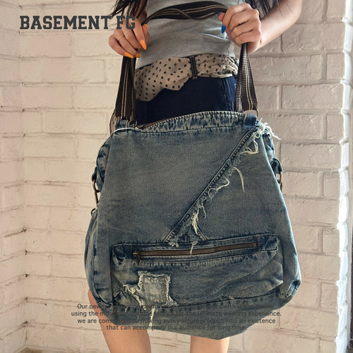 BASEMENTFG美式复古做旧牛仔托特包女单肩斜挎包254020132072