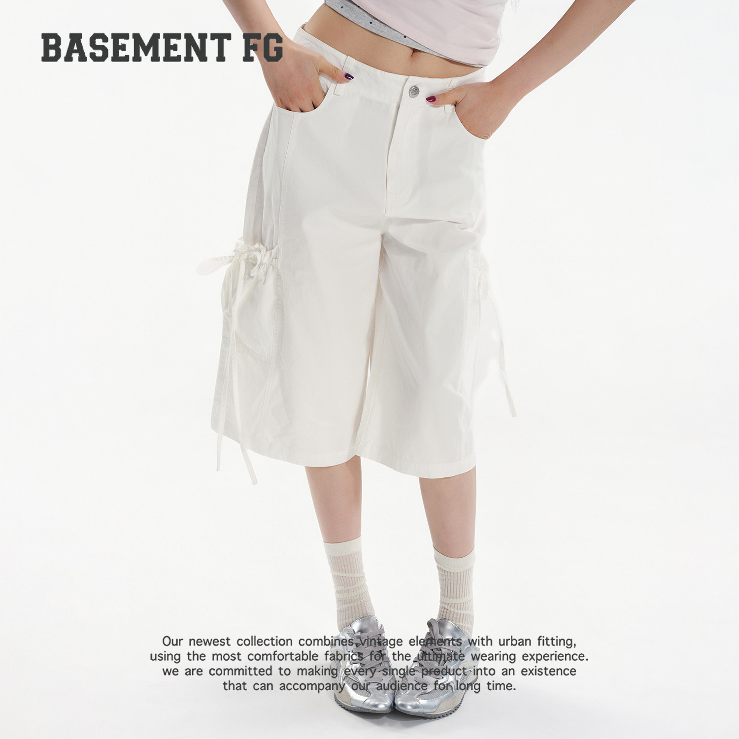 BASEMENTFG美式工装风米白色女多口袋高腰阔腿七分裤262130013005