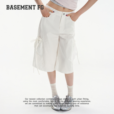 BASEMENTFG美式工装风米白色女多口袋高腰阔腿七分裤262130013005