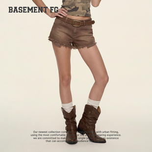 BASEMENTFG美式复古辣妹风毛边牛仔短裤女高腰显瘦267320026007