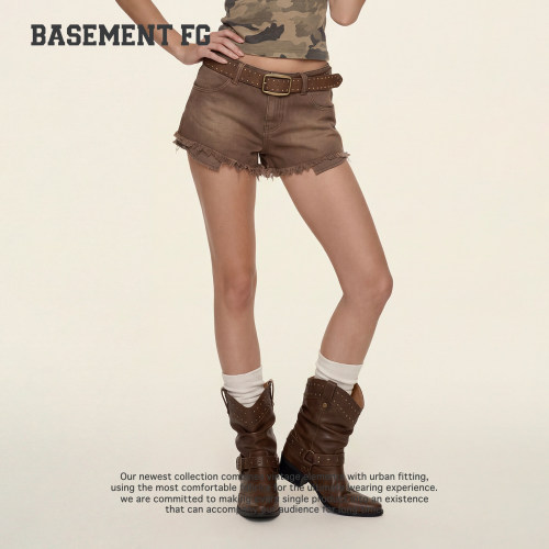 BASEMENTFG美式复古辣妹风毛边牛仔短裤女高腰显瘦267320026007
