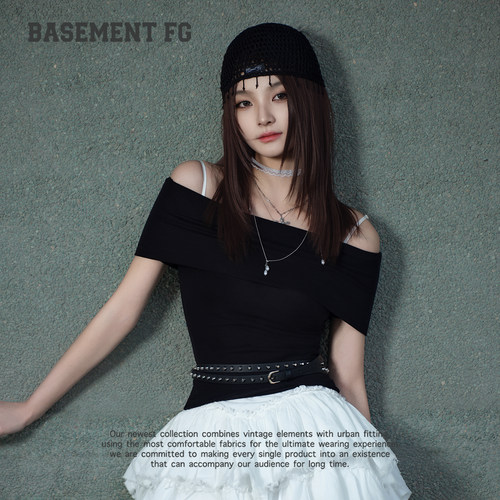 BASEMENTFG美式复古一字肩短袖T恤修身显瘦辣妹风261020203001