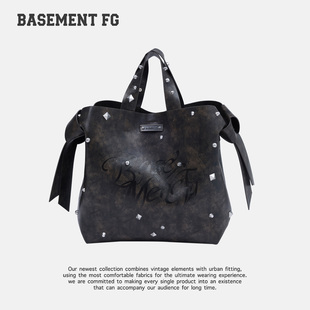 BASEMENTFG复古铆钉托特包女大容量咖啡色做旧单肩包254020033013