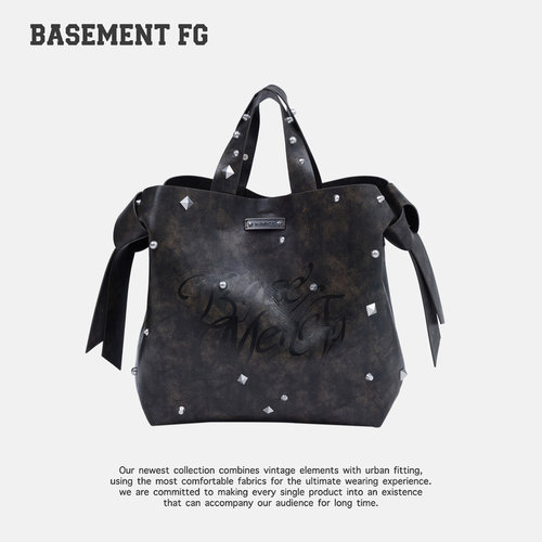BASEMENTFG复古铆钉托特包女大容量咖啡色做旧单肩包254020033013