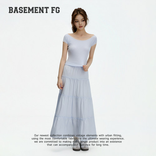 BASEMENTFG浅蓝色松紧腰半身裙女甜美风蛋糕裙中长裙262150006028