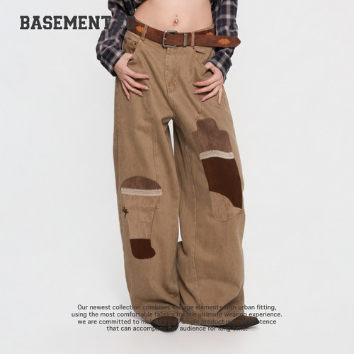BASEMENTFG长裤26秋冬新款撞色贴布绣阔腿做旧水洗262120148007