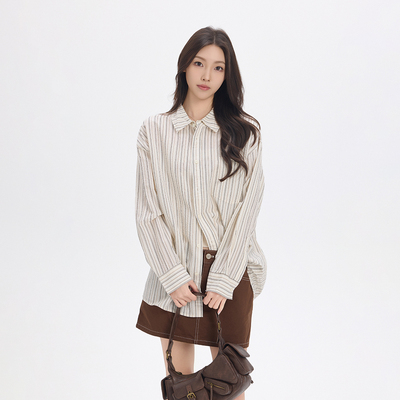 BASEMENT FG美式复古简约百搭休闲宽松条纹衬衫女252070215050