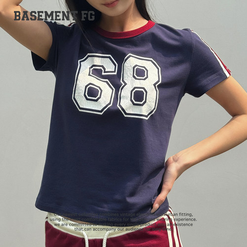 BASEMENTFG美式辣妹风数字印花短袖T恤休闲修身上衣261020188030