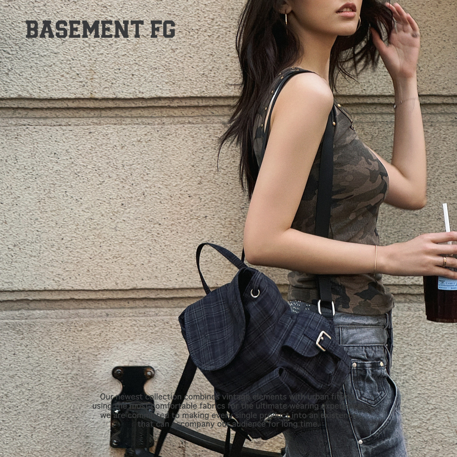 BASEMENTFG复古格纹双肩背包女街头潮流中古风264020029039