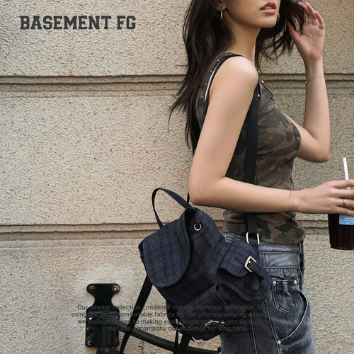 BASEMENTFG复古格纹双肩背包女街头潮流中古风264020029039