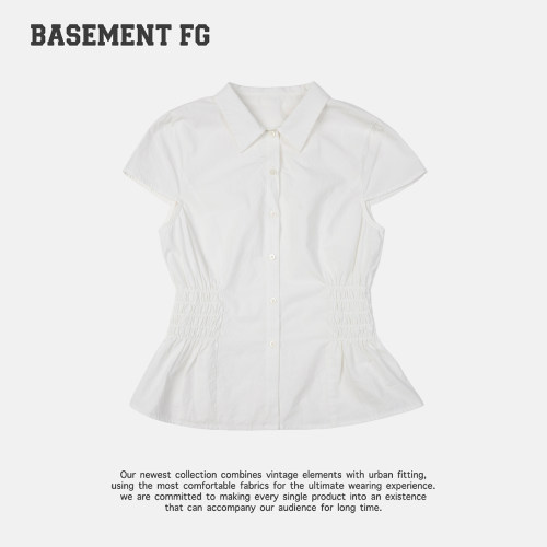 BASEMENTFG学院风白色翻领短袖衬衫女收腰小众上衣262260017005