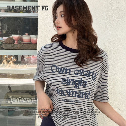 BASEMENTFG条纹字母T恤女短袖宽松休闲上衣新款261020311288