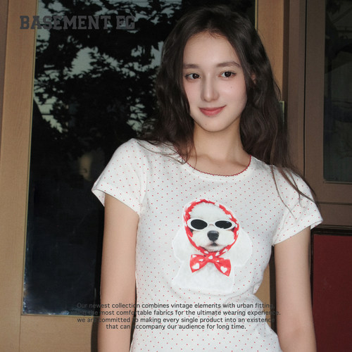BASEMENTFG美式复古小狗印花短袖T恤夏卡通白色上衣261020352005
