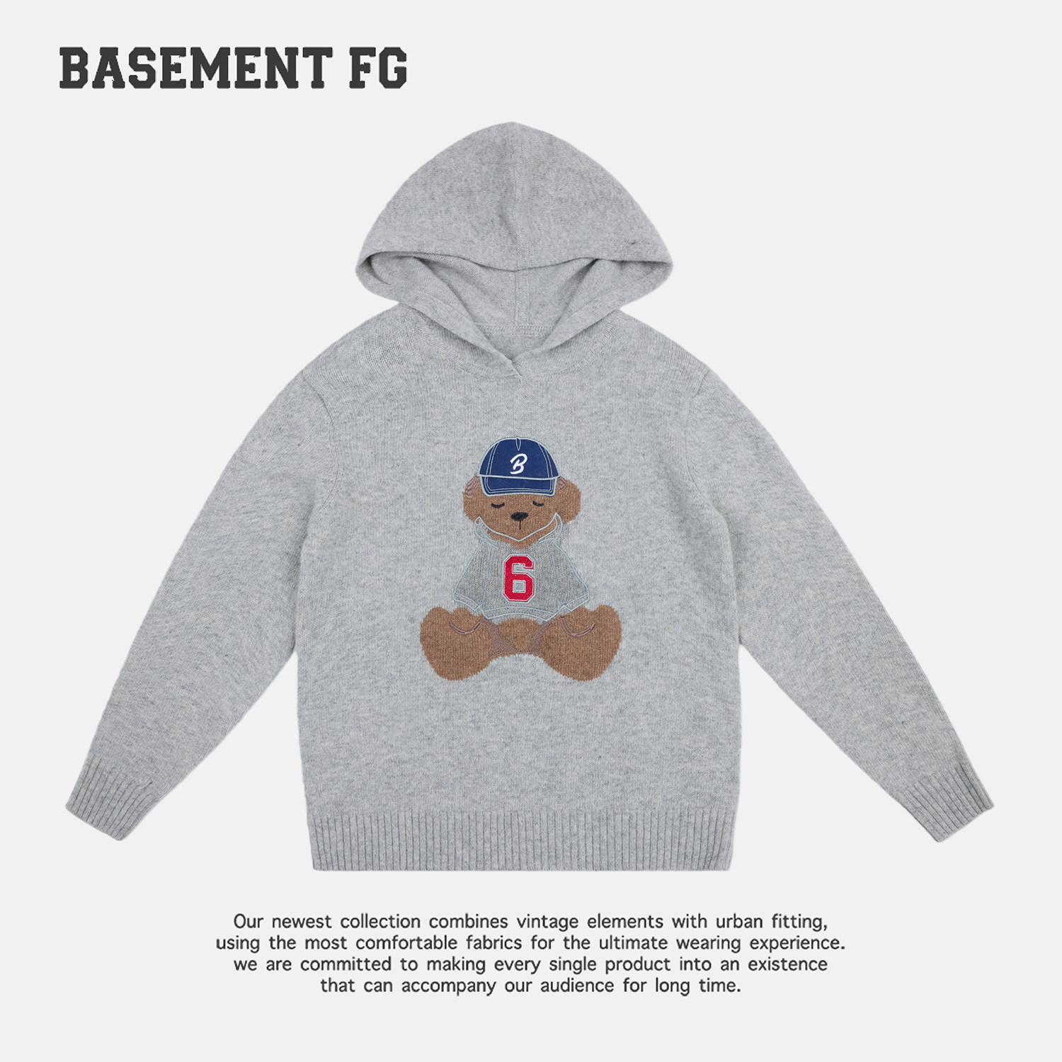 BASEMENTFG可爱风小熊连帽毛衣女宽松卡通针织衫灰色263510001022