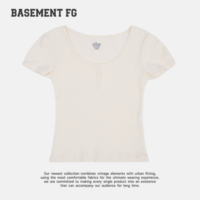 BASEMENTFG极简风U领短袖T恤米白色修身显瘦百搭上衣261020146006