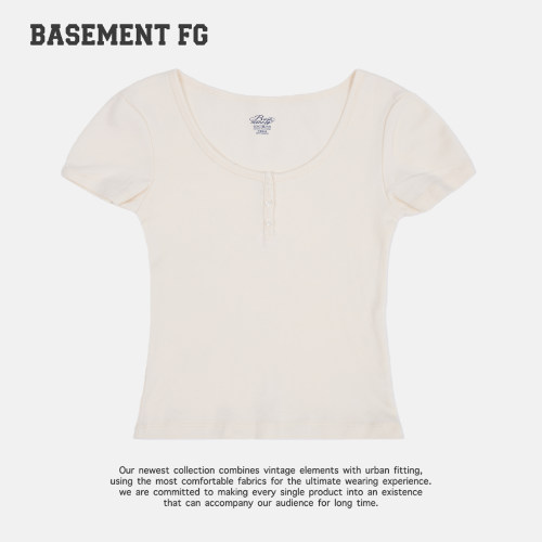 BASEMENTFG极简风U领短袖T恤米白色修身显瘦百搭上衣261020146006