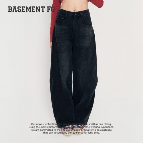 BASEMENTFG牛仔裤26秋冬新款美式复古风黑色弯刀裤267330148001