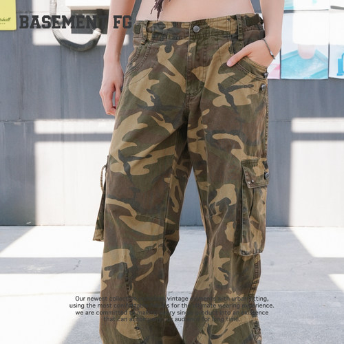 BASEMENTFG美式复古迷彩工装裤女多口袋阔腿长裤267330127593