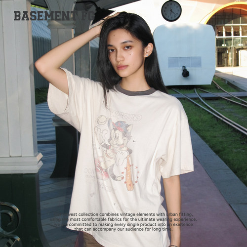 BASEMENTFG夏季卡通印花短袖T恤女宽松级感纯棉上衣261020558009