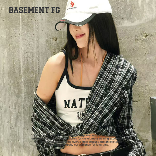 BASEMENTFG美式辣妹风格子衬衫女长袖修身复古上衣262070109038