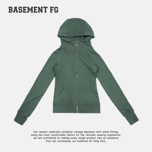 BASEMENTFG复古运动风连帽拉链开衫女绿色针织外套261080013016