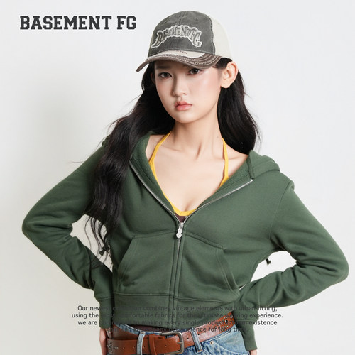 BASEMENTFG美式复古连帽卫衣三色短款拉链开衫休闲外套261080075