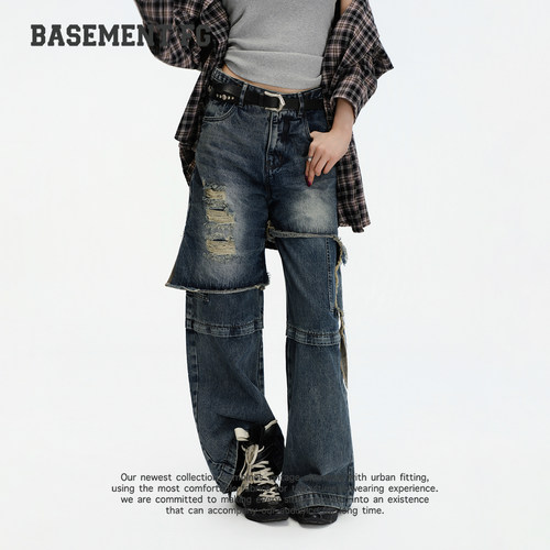 BASEMENTFG复古破洞拼接牛仔裤女长裤做旧水洗267330085029