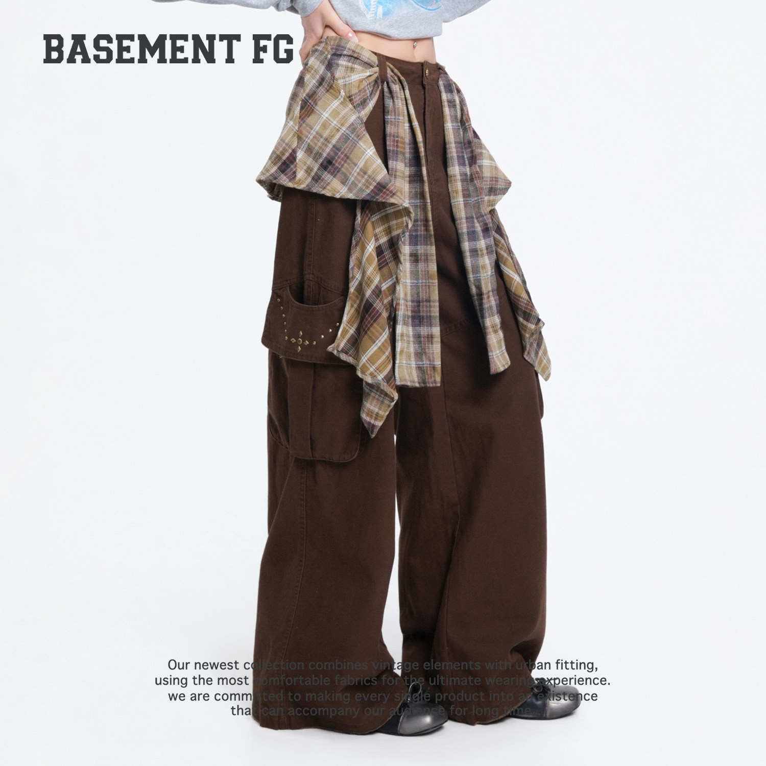 BASEMENTFG长裤26秋冬新款假两件格子拼接阔腿裤267330189007