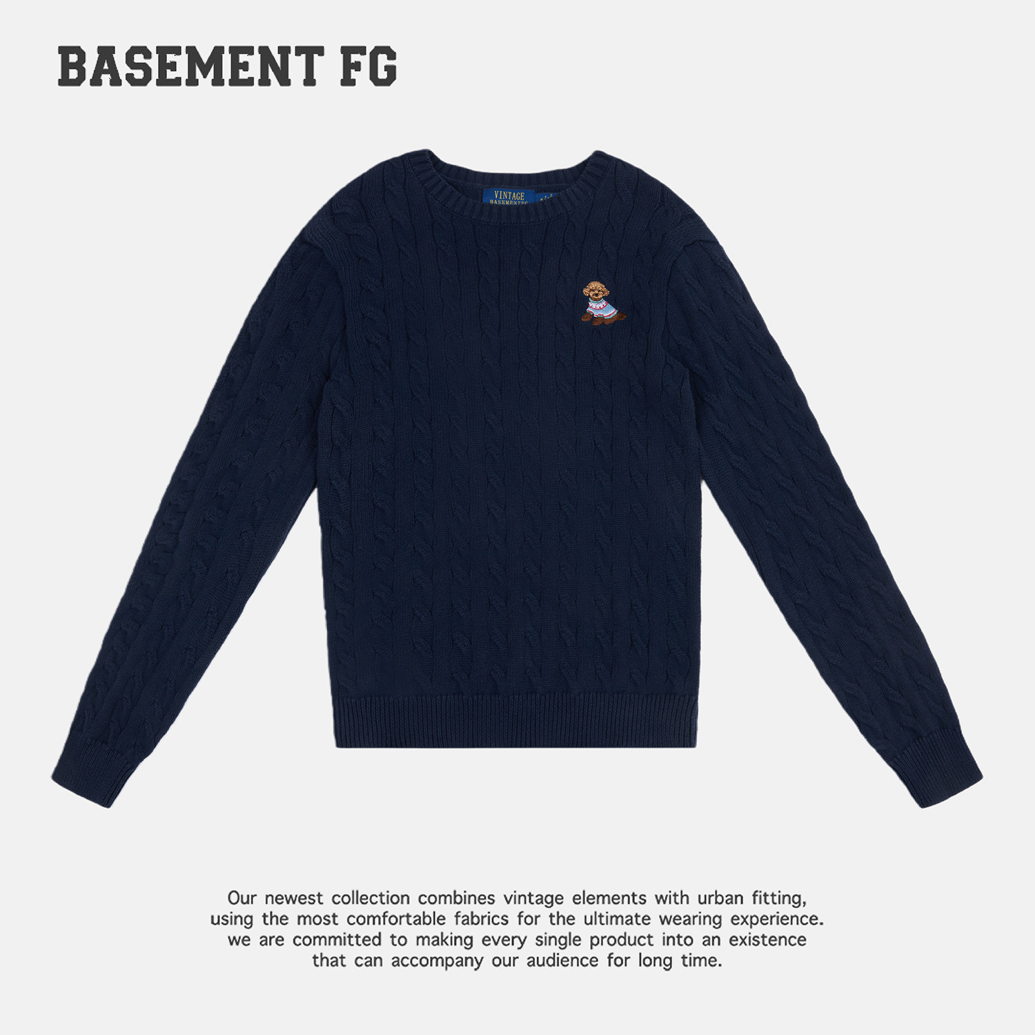 BASEMENTFG复古风麻花纹圆领毛衣女卡通刺绣针织衫263500033029