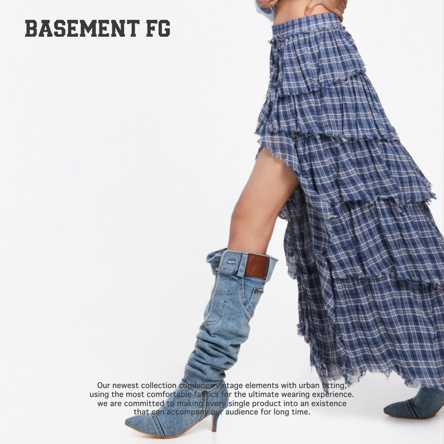 BASEMENTFG半裙26秋冬新款格纹中长多层荷叶边半身裙262150202053