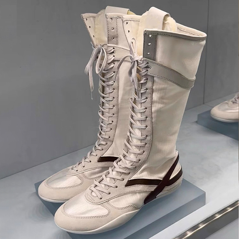 羊皮版~真皮软底德训猎装拳击靴女拼色百搭长筒骑士靴女高筒靴潮