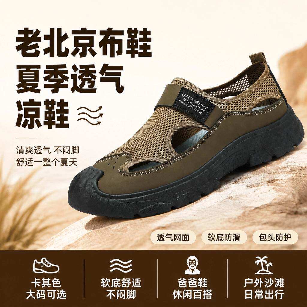 老北京布鞋男夏季透气网面凉鞋软底包头大码爸爸鞋休闲户外沙滩鞋