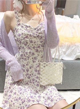 2024新款小个子法式雪纺短裙紫色碎花吊带连衣裙开衫两件套装女夏