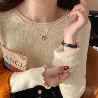 低圆领套头加绒加厚打底衫秋冬