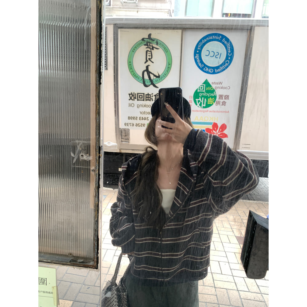 原宿ins简约新款日系气质撞色慵懒风拉链毛衣女开衫秋冬条纹连帽