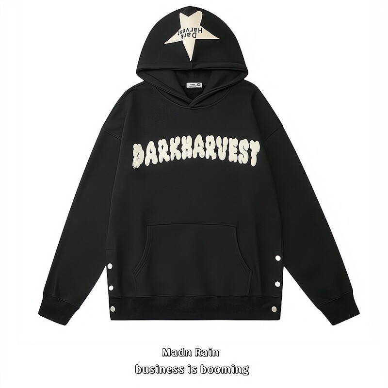 MADN RAIN 국가 트렌드 미국식 레터 브레스트 플러스 벨벳 후드 티셔츠 남성용 및 여성용 루즈 커플 스타 자켓