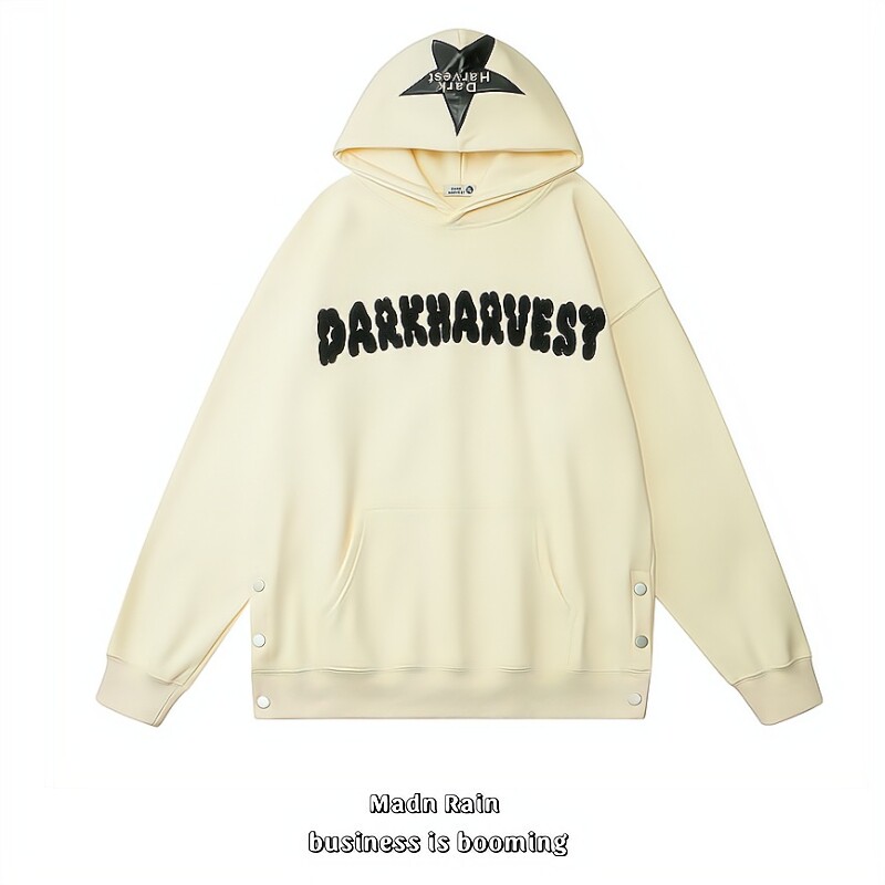 MADN RAIN 국가 트렌드 미국식 레터 브레스트 플러스 벨벳 후드 티셔츠 남성용 및 여성용 루즈 커플 스타 자켓