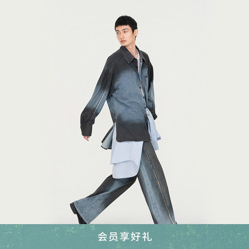 【新品】FengChenWang26早春蓝黑渐变做旧牛仔衬衣夹克男女款外套,男装,牛仔衬衫,淘宝优惠券,粉丝福利购,淘宝优惠卷