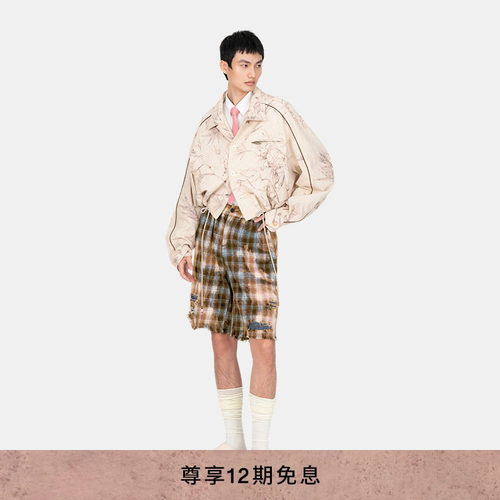 【明星同款】FengChenWang26春夏扎染褪色拼接格纹休闲短裤男女款