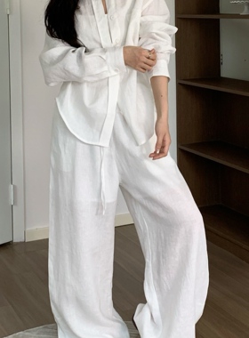 3Qha 2025新款白色休闲裤女夏季薄款慵懒风宽松垂感棉麻阔腿裤