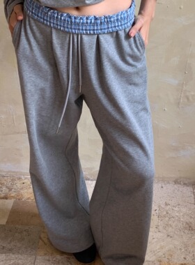 3Qha 秋冬撞色翻腰格子拼接纯棉卫裤垂坠高级感裤子直筒