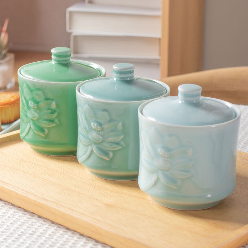 燕窝炖盅隔水炖家用中式陶瓷炖罐带盖莲花汤盅一人份酒店青瓷餐具